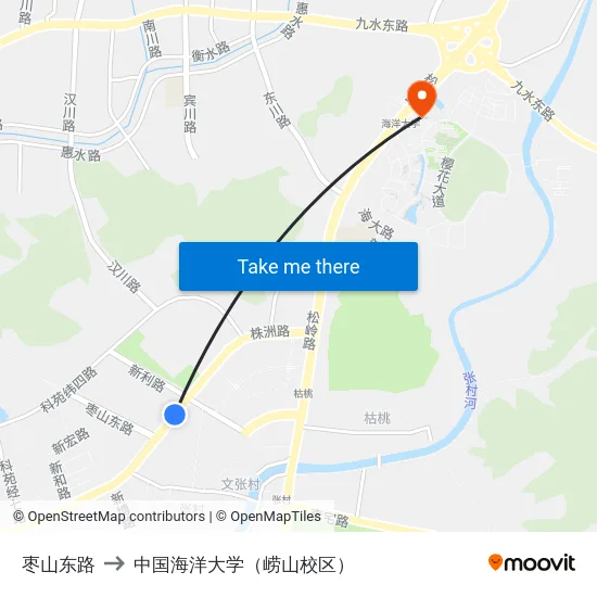 枣山东路 to 中国海洋大学（崂山校区） map