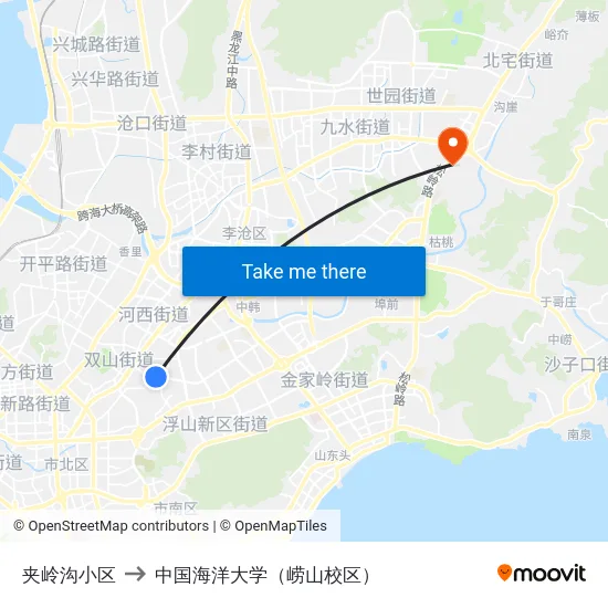夹岭沟小区 to 中国海洋大学（崂山校区） map