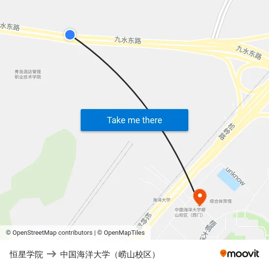 恒星学院 to 中国海洋大学（崂山校区） map