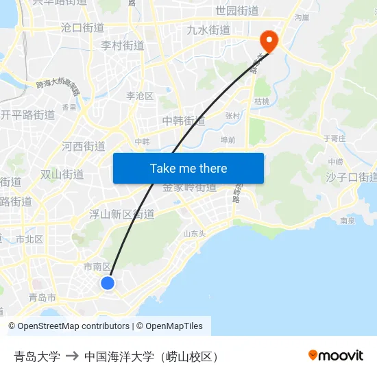 青岛大学 to 中国海洋大学（崂山校区） map