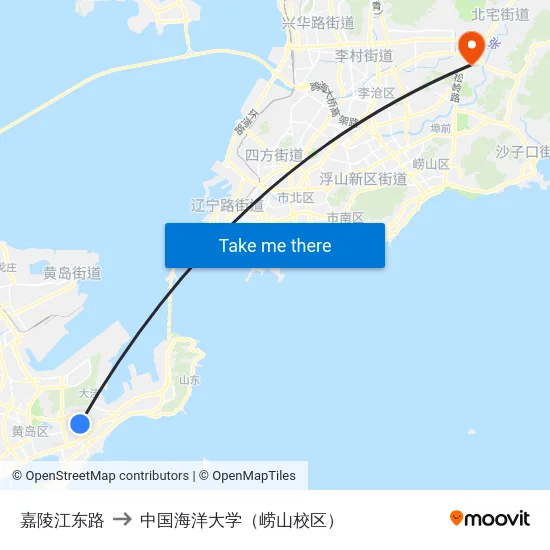 嘉陵江东路 to 中国海洋大学（崂山校区） map