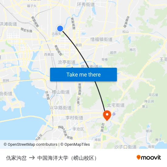 仇家沟岔 to 中国海洋大学（崂山校区） map