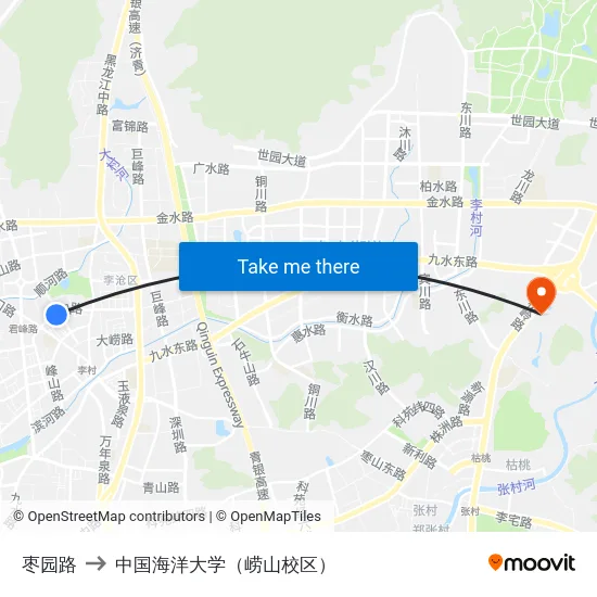 枣园路 to 中国海洋大学（崂山校区） map