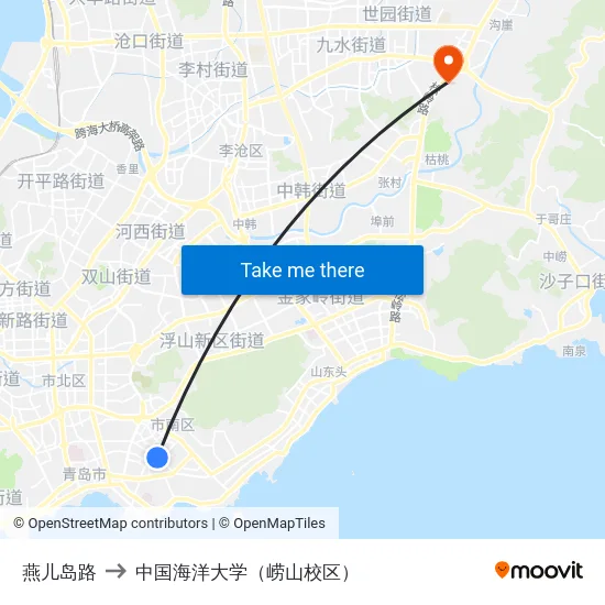燕儿岛路 to 中国海洋大学（崂山校区） map