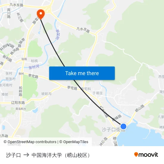 沙子口 to 中国海洋大学（崂山校区） map