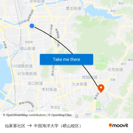 仙家寨社区 to 中国海洋大学（崂山校区） map