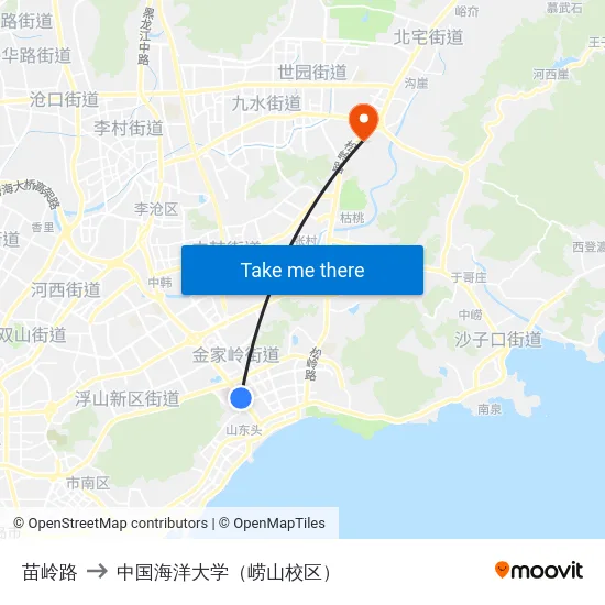 苗岭路 to 中国海洋大学（崂山校区） map