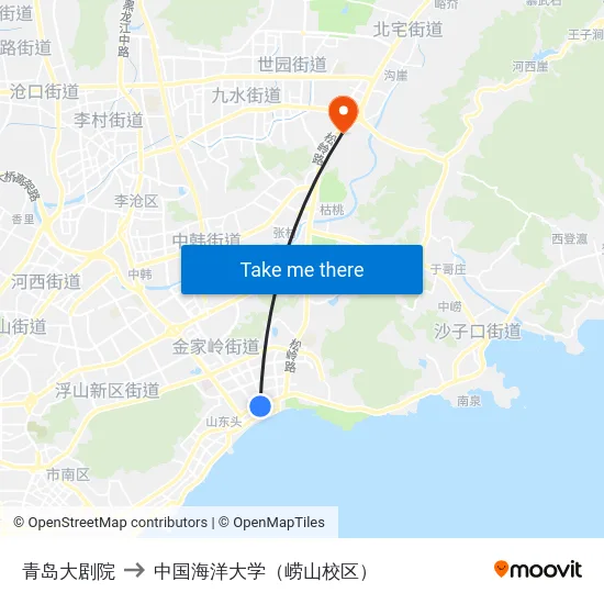 青岛大剧院 to 中国海洋大学（崂山校区） map