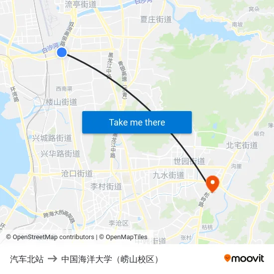 汽车北站 to 中国海洋大学（崂山校区） map