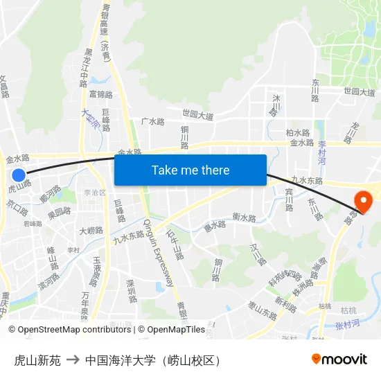 虎山新苑 to 中国海洋大学（崂山校区） map