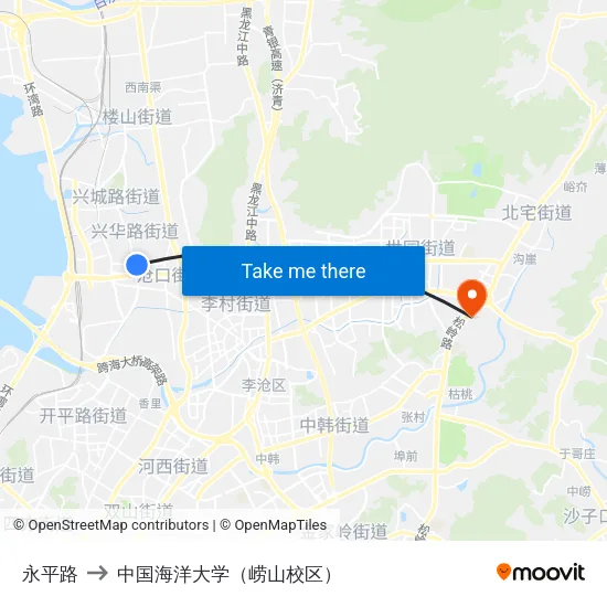永平路 to 中国海洋大学（崂山校区） map
