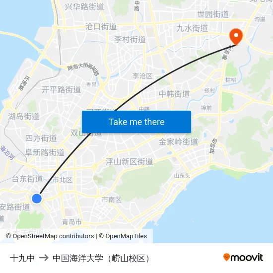 十九中 to 中国海洋大学（崂山校区） map