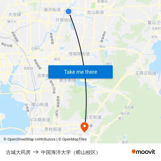 古城大药房 to 中国海洋大学（崂山校区） map