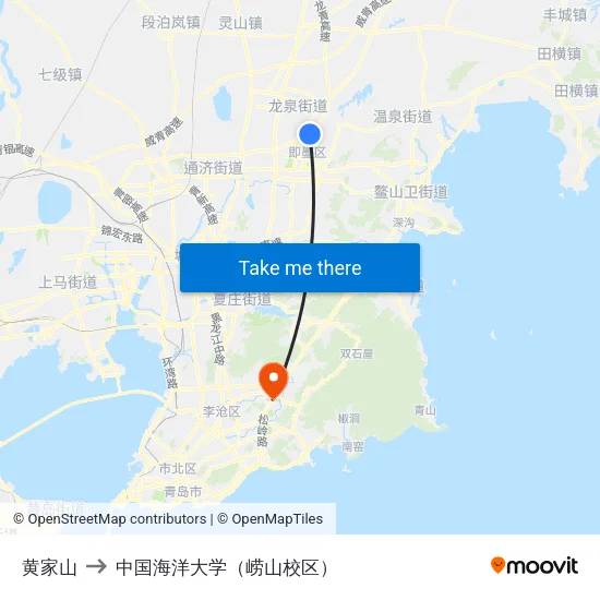 黄家山 to 中国海洋大学（崂山校区） map