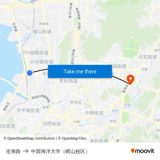 沧海路 to 中国海洋大学（崂山校区） map