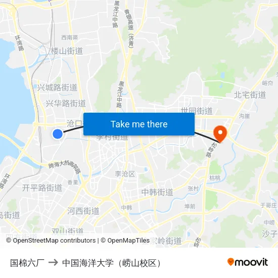 国棉六厂 to 中国海洋大学（崂山校区） map