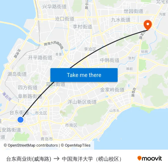 台东商业街(威海路) to 中国海洋大学（崂山校区） map