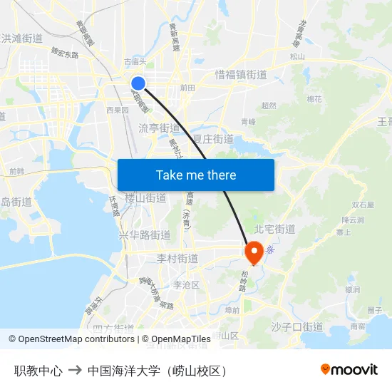 职教中心 to 中国海洋大学（崂山校区） map