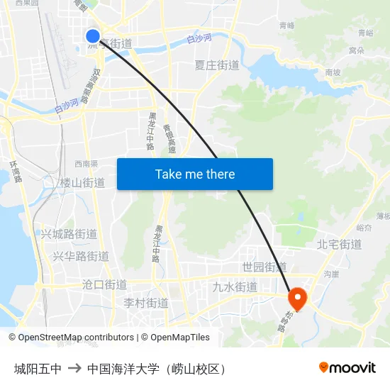 城阳五中 to 中国海洋大学（崂山校区） map