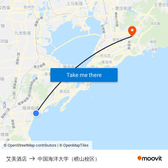 艾美酒店 to 中国海洋大学（崂山校区） map