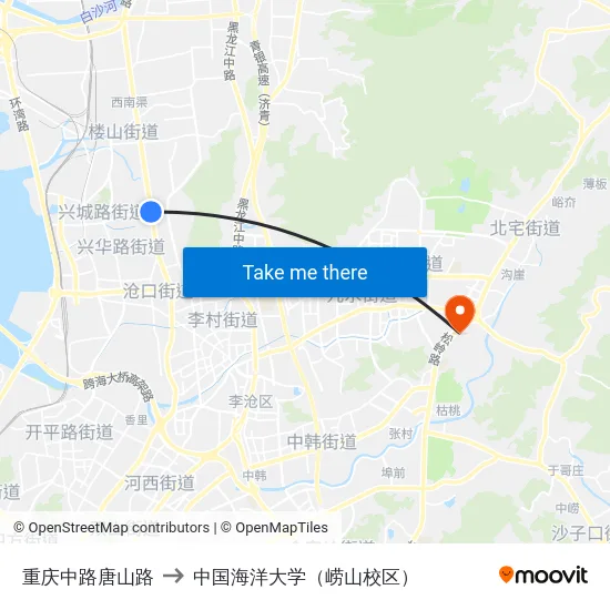 重庆中路唐山路 to 中国海洋大学（崂山校区） map