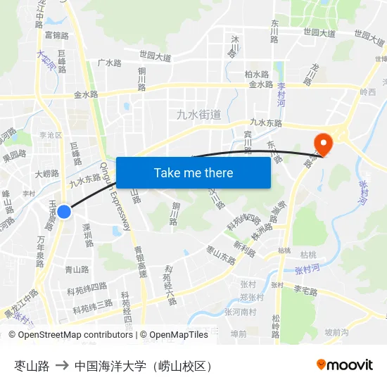 枣山路 to 中国海洋大学（崂山校区） map