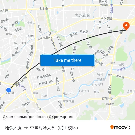 地铁大厦 to 中国海洋大学（崂山校区） map