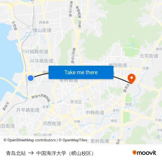 青岛北站 to 中国海洋大学（崂山校区） map