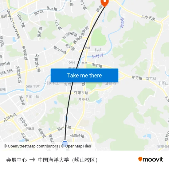会展中心 to 中国海洋大学（崂山校区） map