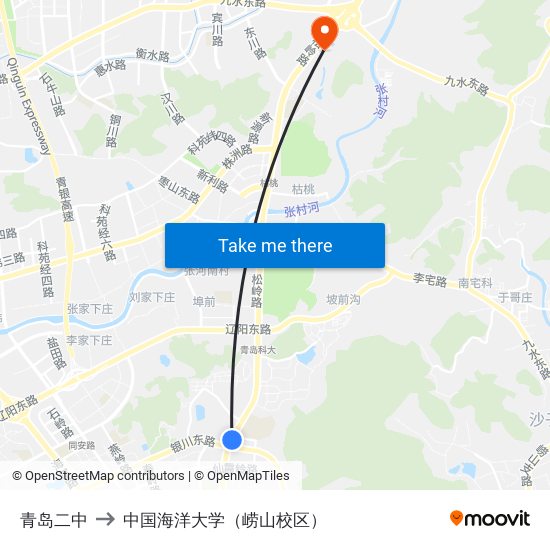 青岛二中 to 中国海洋大学（崂山校区） map