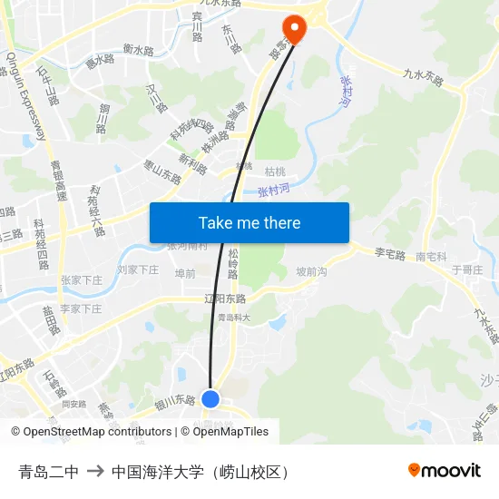 青岛二中 to 中国海洋大学（崂山校区） map