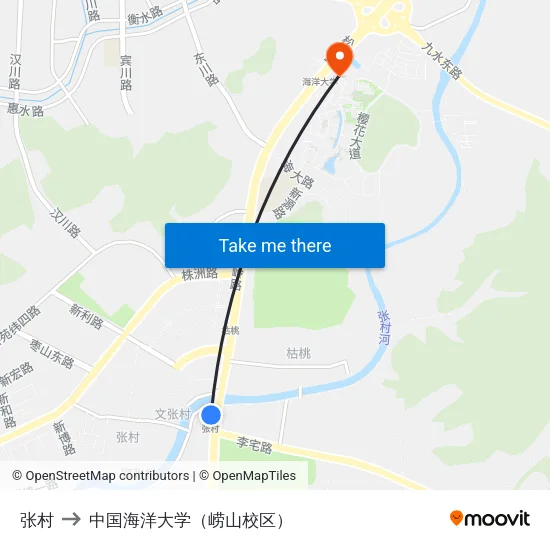 张村 to 中国海洋大学（崂山校区） map