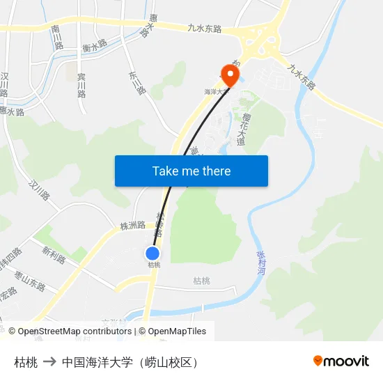 枯桃 to 中国海洋大学（崂山校区） map