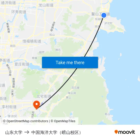 山东大学 to 中国海洋大学（崂山校区） map