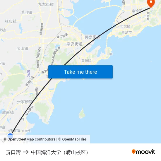 贡口湾 to 中国海洋大学（崂山校区） map