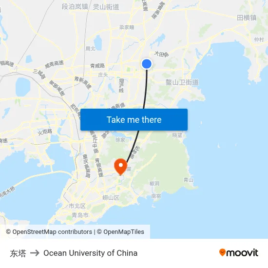 East Tower to Ocean University of China map