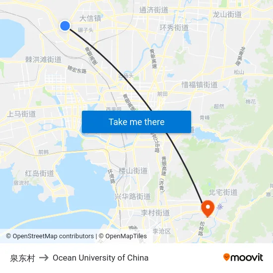 泉东村 to Ocean University of China map