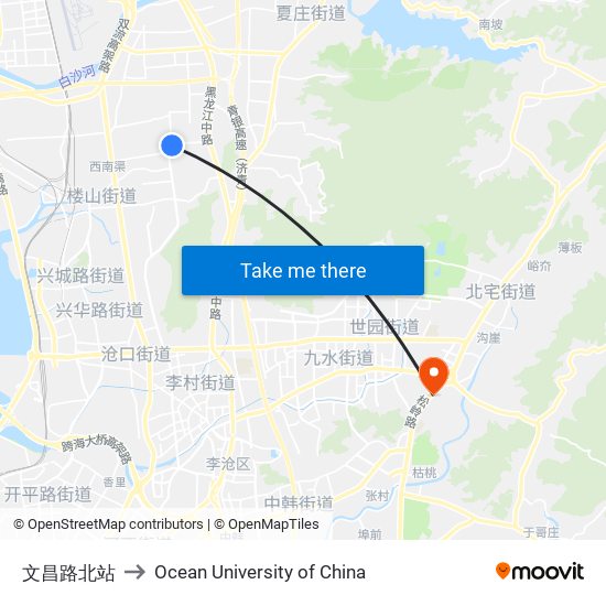 文昌路北站 to Ocean University of China map