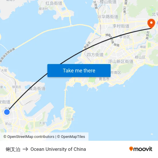 蜊叉泊 to Ocean University of China map