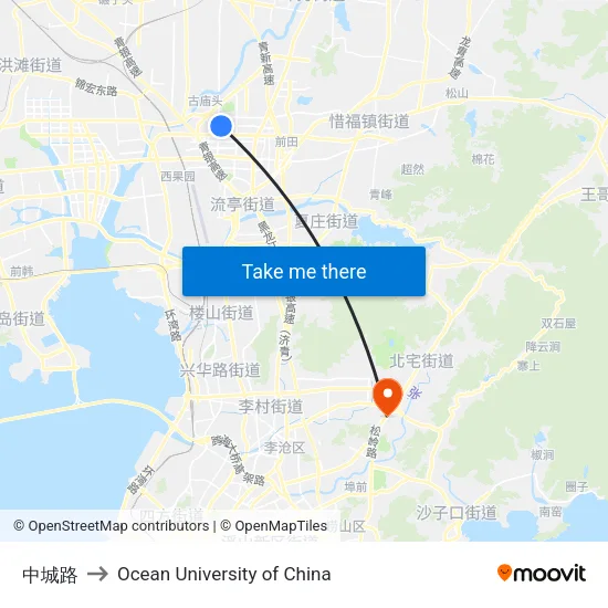 中城路 to Ocean University of China map