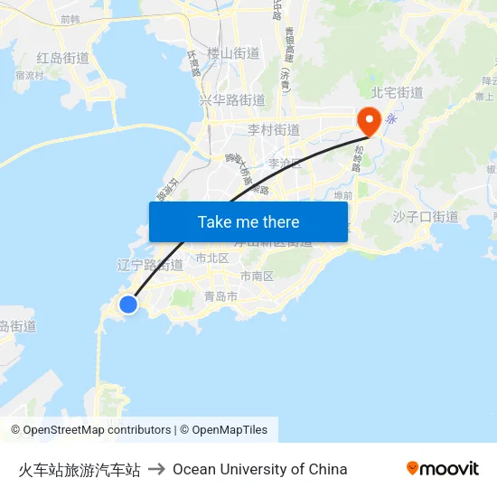 火车站旅游汽车站 to Ocean University of China map