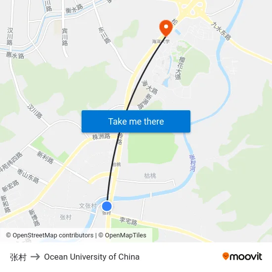 张村 to Ocean University of China map