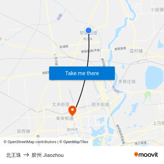 北王珠 to 胶州 Jiaozhou map