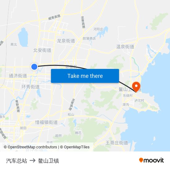 汽车总站 to 鳌山卫镇 map