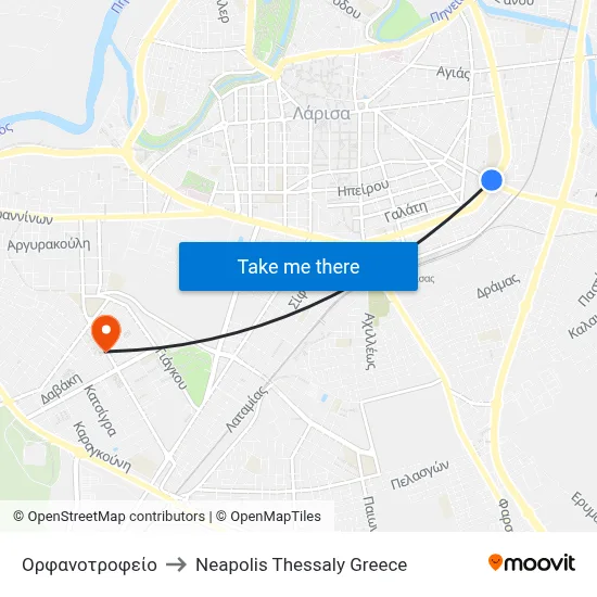 Orphanage to Neapolis Thessaly Greece map