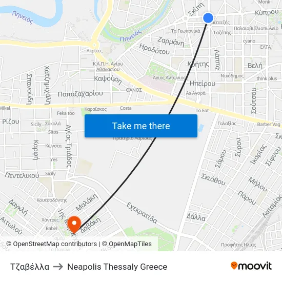 Tzavella to Neapolis Thessaly Greece map