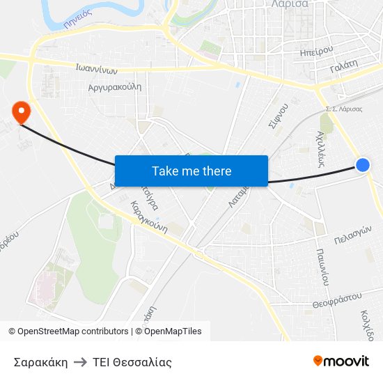 Σαρακάκη to TEI Θεσσαλίας map