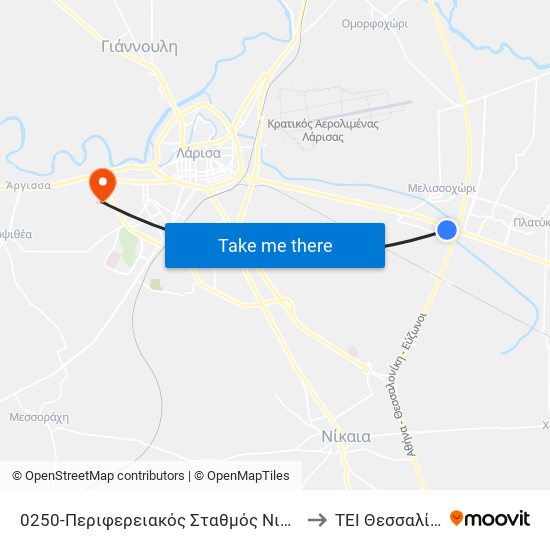 0250-Περιφερειακός Σταθμός Νιάβης to TEI Θεσσαλίας map