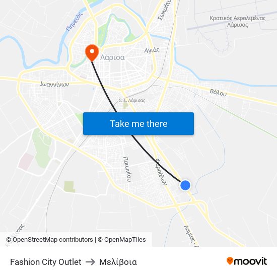 Fashion City Outlet to Μελίβοια map