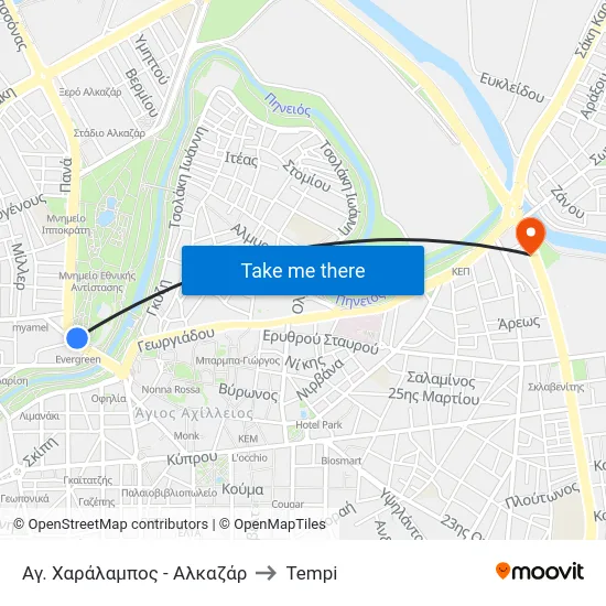 Αγ. Χαράλαμπος - Αλκαζάρ to Tempi map